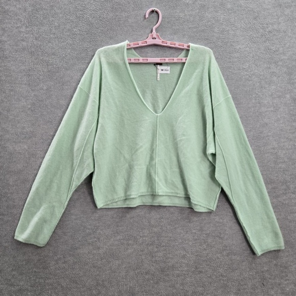 Free People Women Sweater M Green Solitaire Cashmere Long Sleeve V Neck